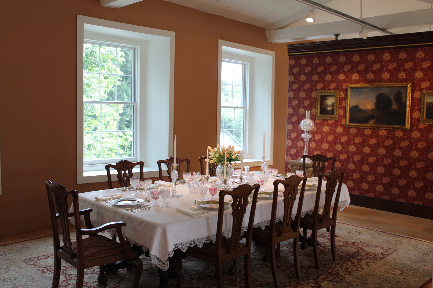 The dining rooms show how glassware was used. The china is French, the silver American. The room would have been lit by kerosene lamps. ..Upper-class meals in the Victorian era “took two to three hours,” Asselstine said. Business was conducted over dinner; social connections were made.